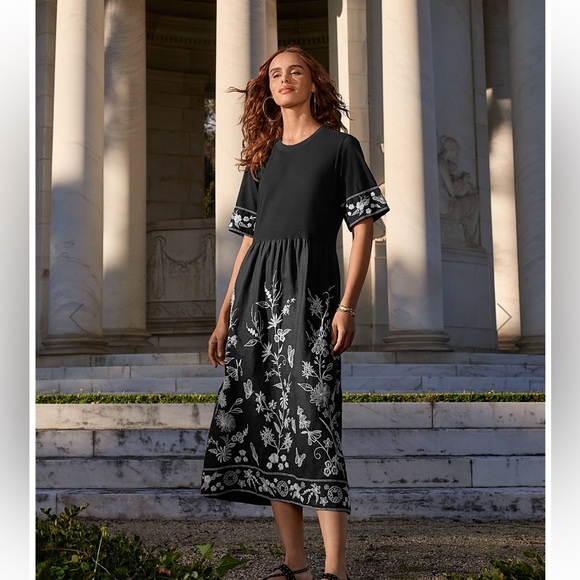 Johnny Was Domingo Linen Knit Mix Dress in Black - Picture 2 of 9